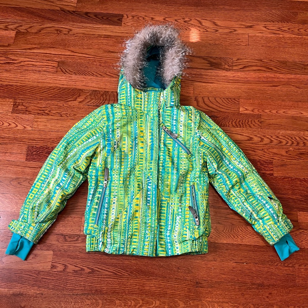 Kids Spyder ski Vibrant Green and Blue Striped Jacket with Fur Hood